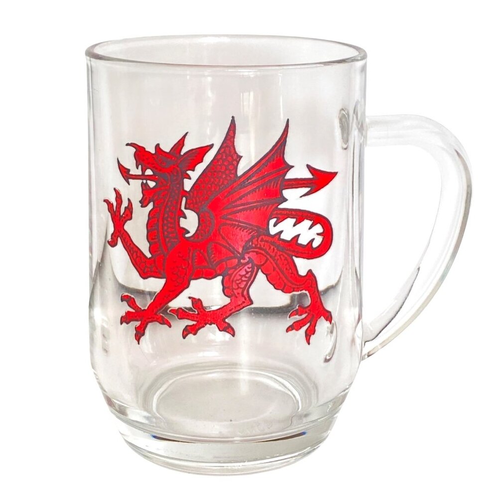 Welsh Cymru Wales Red Dragon Large Clear Beer Glass Mug Made In France Vintage